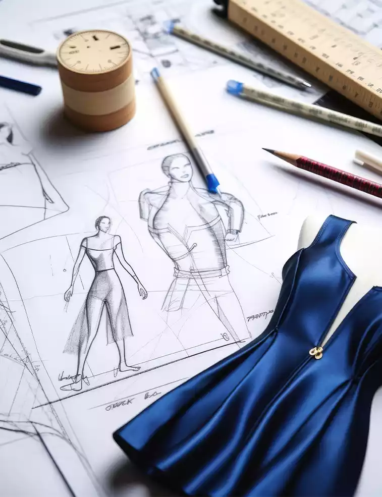fashiable dress with unique stitching patterns and specification sheet, Fashion design mood board